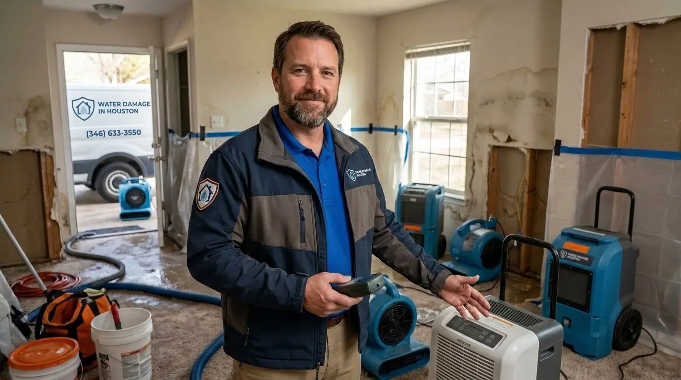 Water Damage in Houston owner with restoration equipment beside the company van