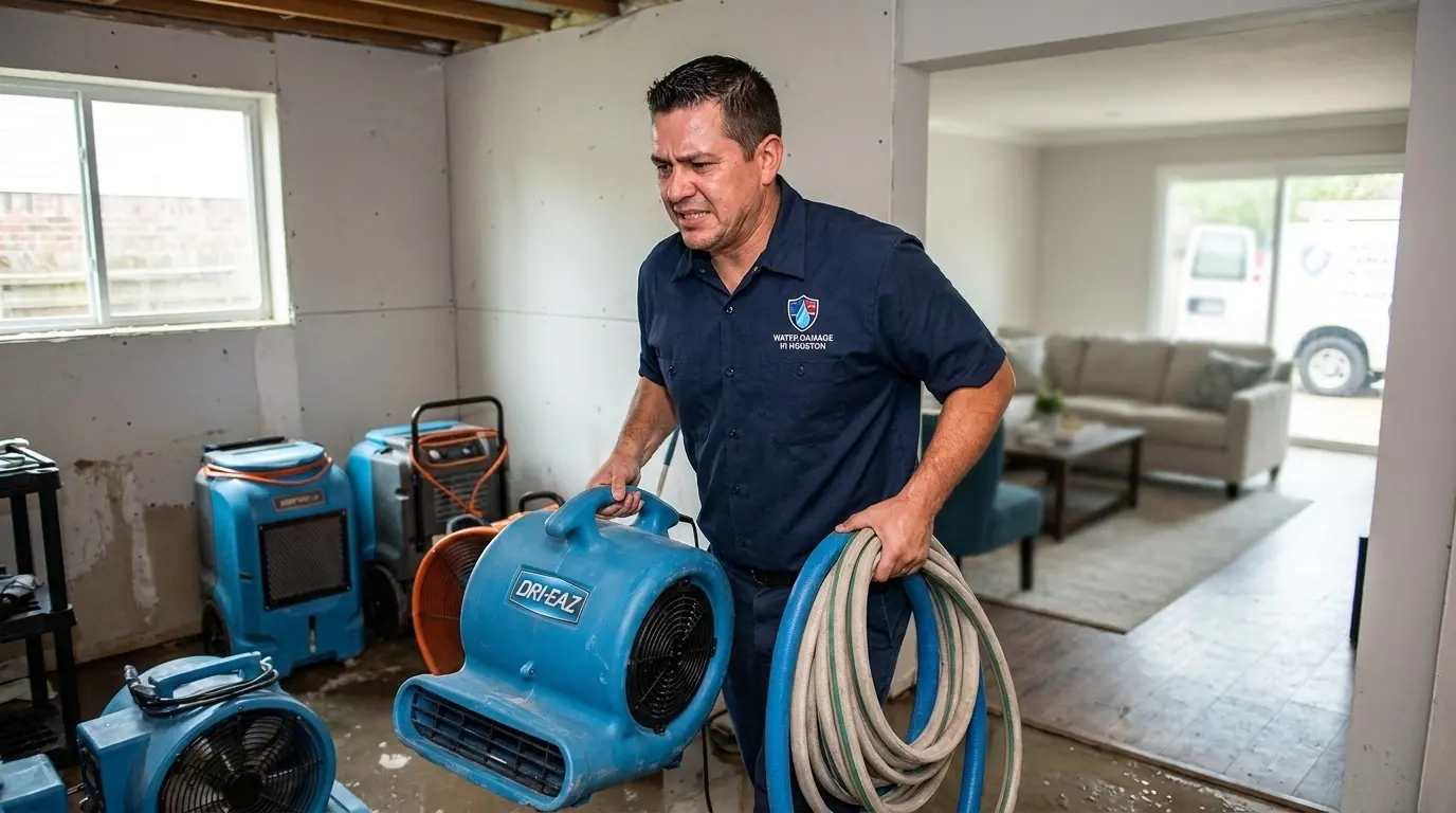 Technician carrying drying equipment during a home water damage cleanup